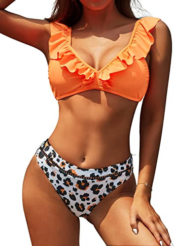 SHEKINI Maillots de Bain Deux Pièces Femme Col en V Rembourré Élégant Volants Halter Bikini Top Bikini Femme 2 Pièces Triangle Imprimé Cutout Bas de Bikini (Orange Fluorescent, S)