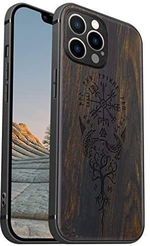 Carveit Magnetisch Hülle für iPhone 12 Pro Case [Elegante Schwarzholz] [Weich TPU Stoßstange] Stoßfeste Handyhülle Kompatibel mit 12Pro Magsafe Hülle Holz （Wikingerkompass Vegvisir）