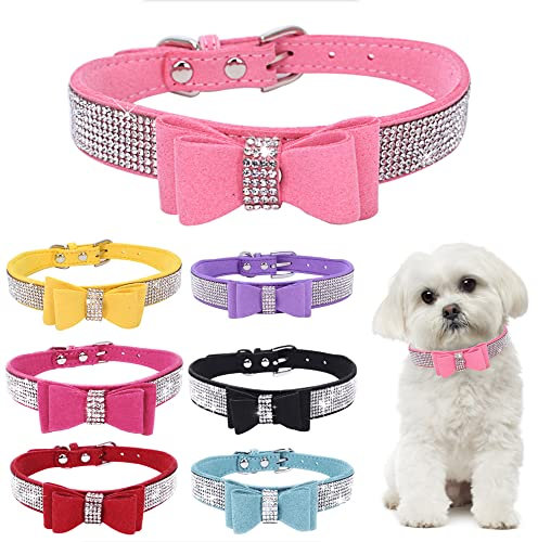 Collier pour Petit Chien Chiot et Chat Chaton avec Nœud Papillon Paillette Strass Luxe Diamant Cristal Princesse Fantaisie - Rose XS