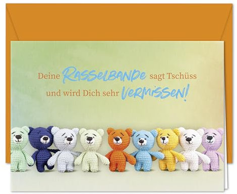 PAPIERSTROLCH XXL Abschiedskarte Rasselbande Wir werden Dich vermissen - tolle Karte zur Verabschiedung mit süßen Amigurumi Bären, um gemeinsam tschüss zu sagen - XXL Karte inkl. Umschlag