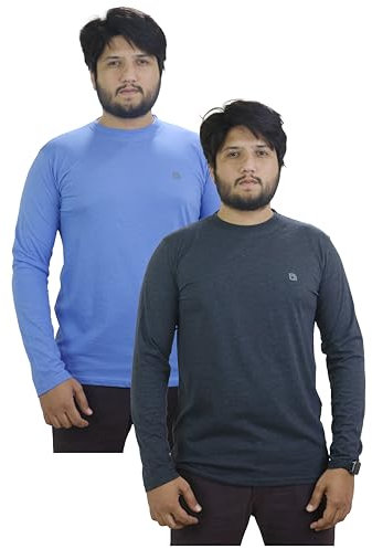 Bahob® 2 Pack Men's Long Sleeve T-Shirt Top Round Neck Full Sleeve T-Shirt Soft Cotton S-XXL (Sky X Charcoal, XXL)