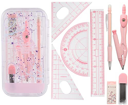 8 Pcs Math Geometry Set, Geometry Compass Sets School Drawing Compass and Protractor Set for Students' Mathematics Teaching and Learning Drawing Geometric Figures Kids Stationery Gifts Pink
