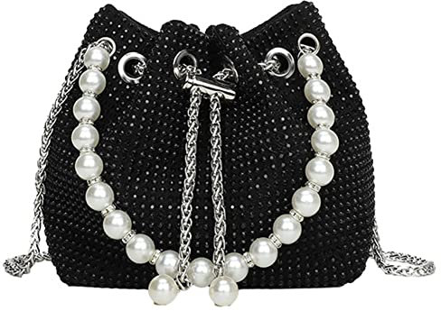AZURAOKEY Strass Schultertasche Damen Abend Clutch Perle Kordelzug Geldbörse Handtasche, Schwarz
