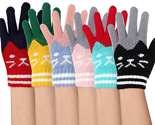 BESPORTBLE 6 Paar Winterhandschuhe Kinder - Fingerhandschuhe Katze mit Vollfinger, Warme Teenager Winter Dehnbar Strickhandschuhe für Kinder, Kinderhandschuhe für Jungen Mädchen 3-8 Jahre Alt