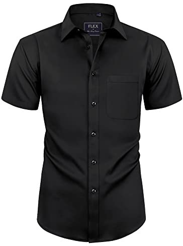 siliteelon Mens Black Shirts Short Sleeve Stretch Dress Regular Fit Casual Business Summer Shirt with Pocket 5XL