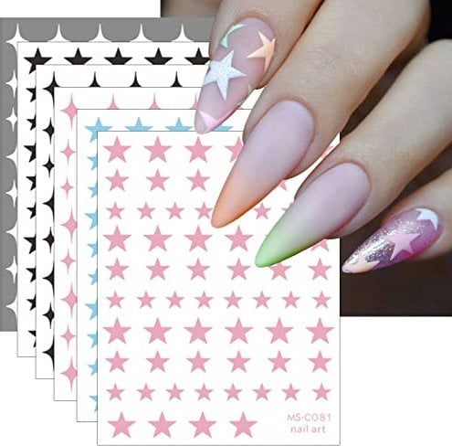 JMEOWIO 10 Sheets Colorful Star Nail Art Stickers Decals Self-Adhesive Platinum Black Silver Nail Supplies Nail Art Design Decoration Accessories