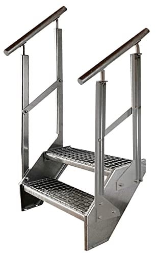 Kaminbau Mierzwa Premium Stahl Treppe Beidseitiges Geländer Verzinkt 2 Stufen (Breite 600 mm) (Höhe 38 cm) Wetterfest Gitterroststufe Gartentreppe