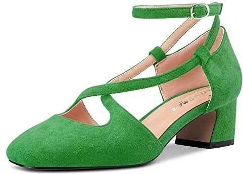 Castamere Women Mid Chunky Block Heel Square Toe Cross-Strap Pumps Court Shoe Party Cute Shoes Emerald Green Suede 7 UK
