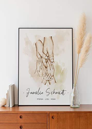Manschin-Laserdesign Poster Familie Hände personalisiert mit Namen in A4 A3 A2 als Geschenk für Mama zur Geburt Muttertag Familienbild (4 Kinder)
