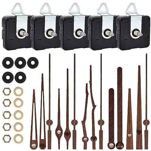 Quarz Uhrwerk & Uhrzeigern, 5 Stück Uhr Bewegung Mechanismus, Silent Uhrwerk Ersatz Kit mit Walnussholz Uhrzeigern, Wanduhr Bewegungs Mechanismus, Uhrwerk für Wanduhr(Langschaft 20 mm)