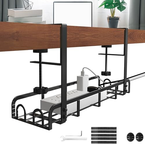 Sleclean Under Desk Cable Management Tray, Upgraded Long Arm Clamp, 16.6x4.7 No Drill Steel Desk Cable Organizers, Cable Tray with Clamp for Desk Wire Management, Home - No Damage to Desk