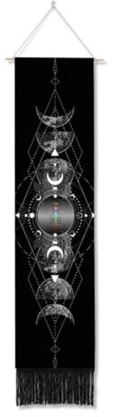 Ricemru Schmaler Wandteppich Mondphasen Wandbehang Mond Sterne Sieben Chakra Meditation Yoga Wandtuch Aesthetic Schwarz Weiß Tapestry Wandkunst Wanddekoration