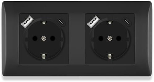 BSEED Steckdose Unterputz mit Steckklemme 16Amp, Doppelsteckdose Unterputz mit USB/TYPE C Port 2.1A, 2 Fach Steckdose mit PC Rahmen, Schuko Steckdose mit USB Anschluss Unterputz Schwarz - 152 mm