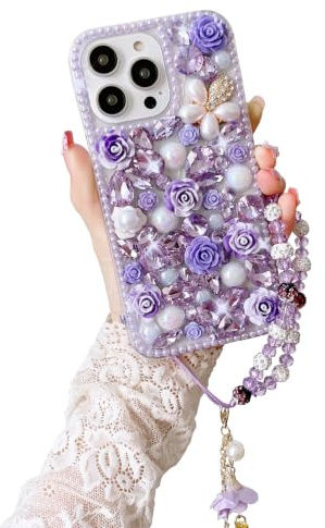 SupShop Schutzhülle für Samsung Galaxy Note 10 Plus / Note10+, luxuriös, niedlich, glitzernd, Kristall, Strass, 3D-Rose, Blumen, Perlen, handgefertigt, mit Armband, Lanyard, Violett