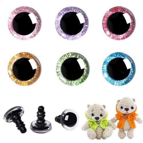 MUCUNNIA 60 Stück 20 mm glitzernde Kunststoff-Sicherheitsaugen für Amigurumi, runde Augen zum Basteln, Häkeln, Puppenaugen mit Unterlegscheiben, Stofftieraugen für DIY-Bastelarbeiten (6 Farben)