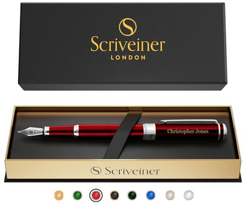 Scriveiner Deep Crimson Personalisierter Stift - Atemberaubender Rotlack Luxus Pen, Chrom Finish Deutsche Schmidt Feder (Mittel), Bestes Graviertes Füllfederhalter Geschenkset, Namensgravur