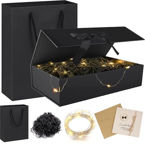 Geschenkbox mit Deckel,Geschenkbox mit Schleifen,Faltbare Geschenkbox,Geschenkkarton mit Magnetisch,Geschenkbox Set,Grußkarten,Raffia Hamper Shreds,LED-Lichterkette,für Hochzeit Geburtstag Weihnachten