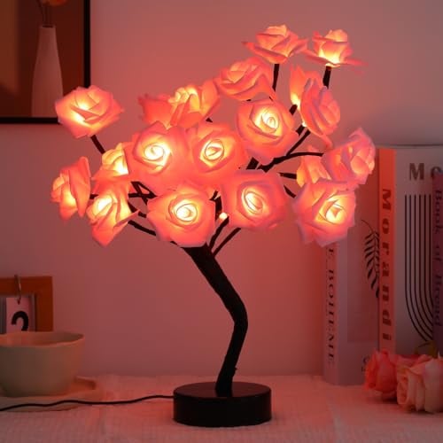 Drawelry DIY Rosenbaum Nachtlicht Dekoration LED Beleuchtung Lichterkette Künstliche Rose Blumen Baum Tischlampe Ornamente, Valentinstag Muttertag Geburtstag Geschenk für Familie Freunde Paar (Rosa)