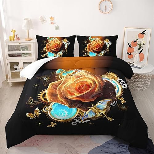 Coverless Duvet Rose Blue Gold Quilted Bedspreads Microfiber Comforter All Seasons Quilted Throw Lightweight Washable Quilted Bed Throw Breathable Bed Comforter+2 Pillowcases(50x75cm) 260x230cm