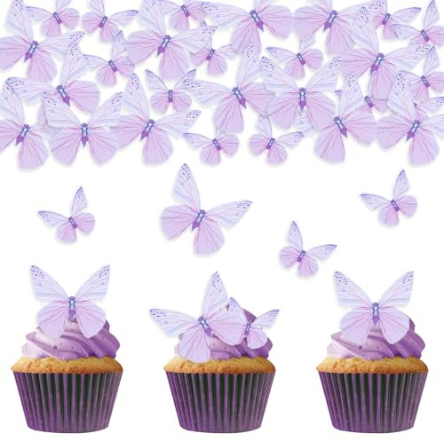 DazzJoy 72 Stück Schmetterlinge Tortendeko Essbar,Essbare Echmetterlinge Deko Torte,Lila Schmetterling Essbare Tortendeko,Kuchen Deko Schmetterlinge Esspapier,Essbare Schmetterlinge für Torte