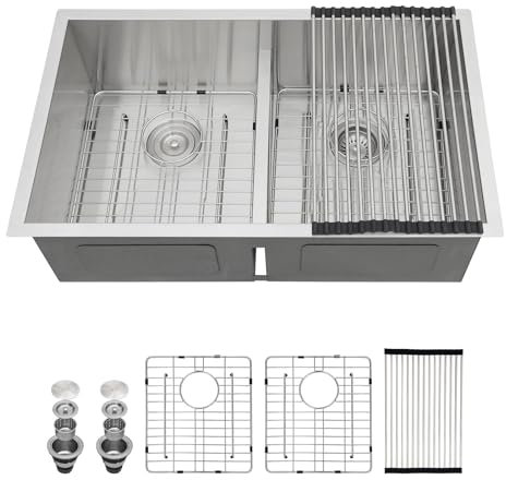 Sarlai Unterbau Küchenspüle – 91,4 cm Küchenspüle Doppelbecken 50/50 Niedrige Teilung Unterbau 36x19 Unterbauspüle Edelstahl 16 Gauge Rechteckige Küchenspülen Waschbecken mit Zubehör