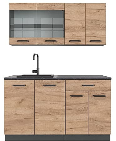 Vicco Singleküche R-Line, Küchenzeile Single, Goldkraft Eiche/Anthrazit, 140 cm, AP Marmor