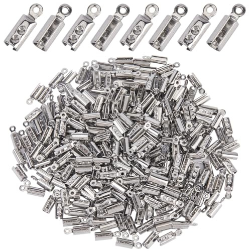 SOFPLATE 1 Box 300Pcs 3mm Fold Over Cord Ends Crimp End Tips Folding End Crimps Fold-over Ends Caps Leather Ribbon jewellery Connector Findings for jewellery Making Supplies DIY Necklace Bracelet