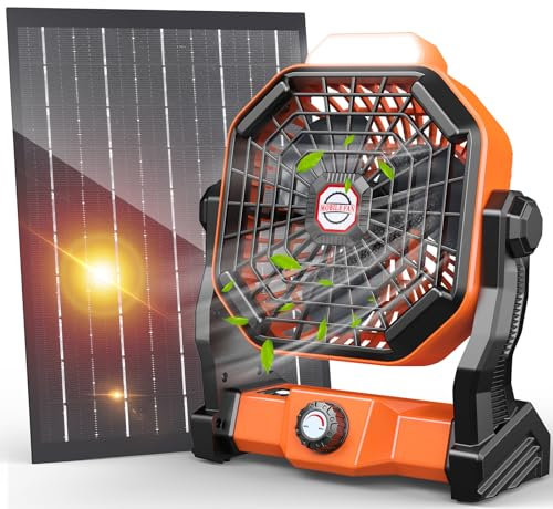 10400mAh Solar Fan, Camping Fan with Solar Panel, 7W 9-Inch Rechargeable Battery Operated Fan for Outside, LED Lantern, Stepless Speed and Quiet Battery Powered Solar Tent Fan for Tent,Outdoor, Office