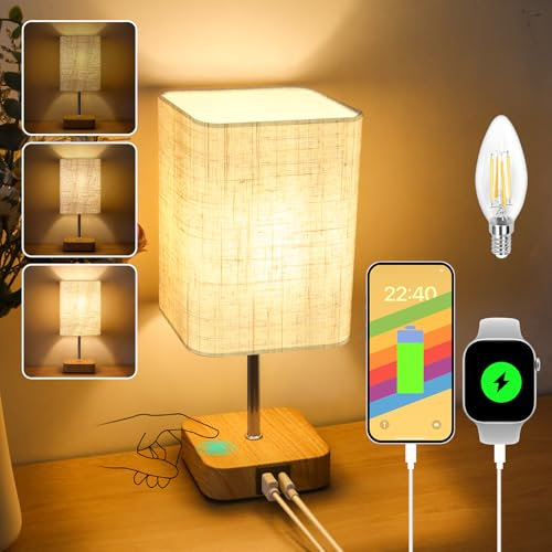 Touch Bedside Table Lamp,Dimmable Touch Control Nightstand Lamps with USB-C&USB-A Charging Ports,Small Lamp Wood Base Beige Flaxen Fabric Shade for Bedroom,Living Room,Office,Dimmable Bulb Included