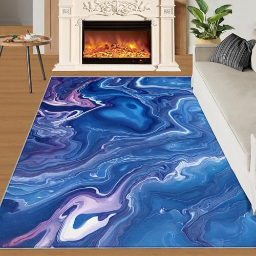 SANSJI Teppichläufer mit flüssigem Marmor, 60 x 180 cm, Fantasie-Pink-Blau, rutschfest, waschbar, weicher niedriger Flor, pflegeleicht, für den Flur