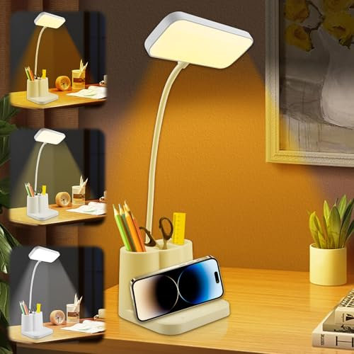 GOMETY Schreibtischlampe Kinder: LED Augenschutz Leselampe mit Schwanenhals Design, Dimmbare USB Tischlampe 3 Farben 3000K-6000K, Touch Steuerung für Büro Wohnzimmer (Weiß)