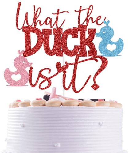 Red Glitter What the Duck is It Cake Topper, He or She/Pink or Blue We Love You, Funny Baby Shower Gender Reveal Party Decorations Supplies