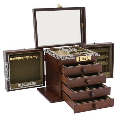 Loohacp Schmuckschrank Schatulle aus Holz, 5 Schichten Schmuckschatulle mit Schubladen und Spiegel, für Halsketten Ringe Armbänder Ohrringe Lagerung