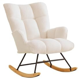 XH.Easy Go Schaukelstuhl Stillsessel Schaukelsessel mit Armlehnen Gepolsterter Schwingsessel Stillstuhl Sessel Relaxsessel für Wohnzimmer Schlafzimmer Babyzimmer, Bis 136 kg Belastbar, Elfenbein