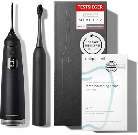 Uniquesmile Zahnaufhellung Whitening Strips Bundle mit Ultraschallzahnbürste & Munddusche- Testsieger 2024-100 Tage risikofrei testen (40 Stück/Ultimate Black)