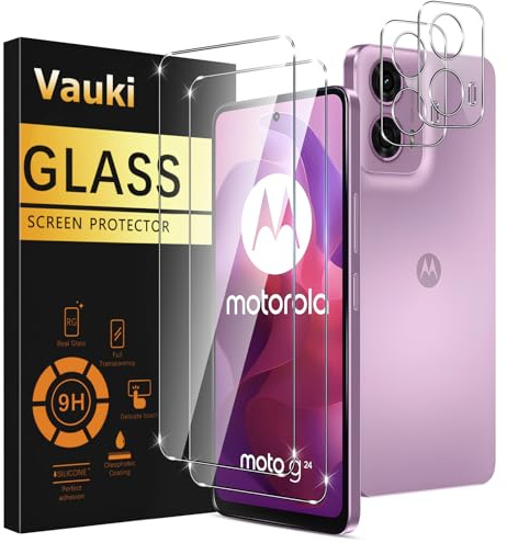 Vauki Verre Trempé pour Motorola Moto G24 5G/G24 Power avec Caméra Arrière Protecteur [2+2 Pièces],Dureté 9H Film de Vitre Protection écran Anti Rayures Sans Bulless Transparent HD Haute Sensibilité