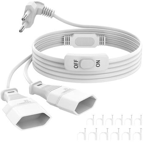 Verlängerungskabel Flachstecker 2M Eurostecker Verlängerung mit Schalter, 2 in 1 Doppelstecker Steckdosenadapter Flachstecker Stromkabel Flach Stecker Netzkabel 2,5A/250V für TV PC Computer