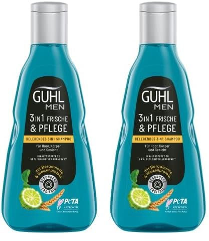 Guhl Men 3 in 1 Frische & Pflege Shampoo - Inhalt: 250 ml - Für Haar, Körper und Gesicht - Haartyp: normal (Packung mit 2)