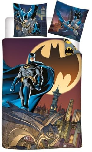 Batman Bettwäsche Set 2-teilig 135x200 cm für Kinder – Superhelden-Bettwäsche mit Gotham City Motiv – Kissenbezug 65x65 cm – Baumwoll-Polyester – pflegeleicht & atmungsaktiv