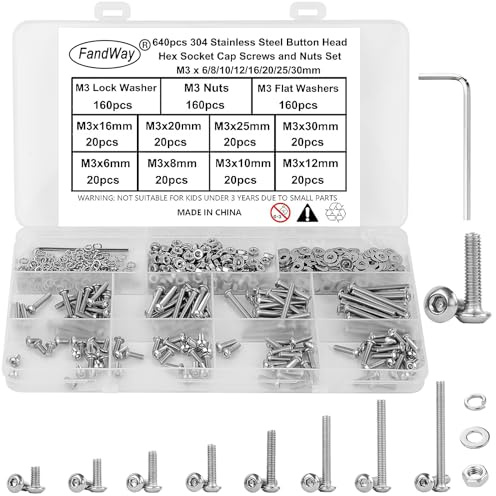 FandWay M3 Schrauben Set,640 Stück Linsenkopf Schrauben mit Innensechskant,Rundkopf Gewindeschrauben,Sechskantschrauben Edelstahl 304,Maschinenschrauben Muttern und Unterlegscheiben mit 1 Schlüssel.