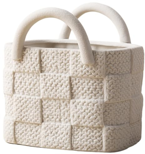 Handtasche Vase rustikaler Keramikgewebte Textur Geldbeutel Vase mit Griff DIY Friendly Decorative 5x4.5x5 Blumentopf für Zuhause, Büro, Hotel, Café