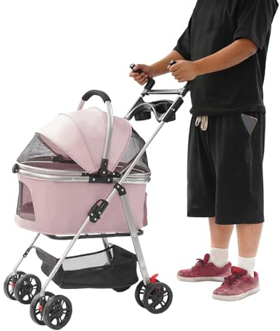 Hundebuggy 3 in1 Hundewagen Hundebox Transporttasche,Faltbar klappbar Katzenwagen,Bis 12kg, 4 PCS 360° Verschleißfeste Gummiräder, Ablagekorb,für kleine Hunde Katz (Sakura-Pink)