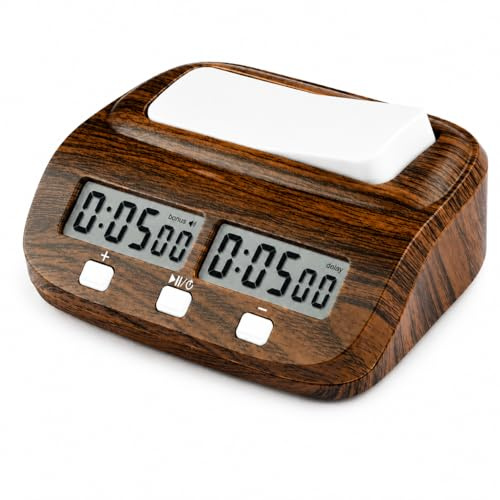 Telituny Digitale Schachuhr Timer, Professional Elektronischer Schachtimer Holz Brettspielzähler, Schach Uhr mit Bonus und Verzögerung, für Internationales Schach, Chinesisches Schach Go-Spiel Gobang