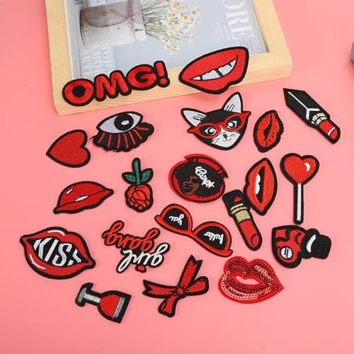 KIMISS Sexy Lips Patch Decorative Lipstick Clothing Sticker Embroidery Adhesive Iron-On Patch Set of 20 - Cute Applique for Clothing or Accessories