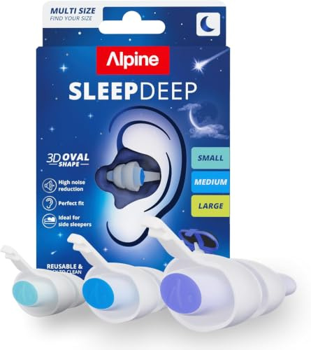 Alpine SleepDeep Ohrstöpsel zum Schlafen & Schnarchen, 3 Paar (S, M, L) | SNR 27 dB. Ultraweiches Material, ideal für Seitenschläfer, drücken night, fallen nicht heraus. Hypoallergen & silikonfrei.