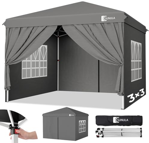 Sunula Pavillon 3x3 Wasserdicht Stabil Winterfest mit 4 Seitenwänden - 2026 Version, Faltpavillon 3x3m mit Verdickten Röhren, Partyzelt Gartenpavillon Faltzelt (Grau)