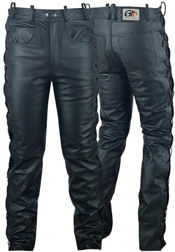 German Wear - Pantaloni da Moto in Pelle con Lateralmente Lato Lacci, Nero, 60