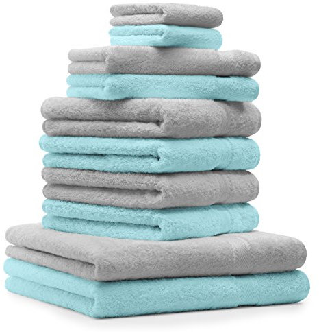 Betz 10-TLG. Handtuch-Set Premium 100% Baumwolle 2 Duschtücher 4 Handtücher 2 Gästetücher 2 Waschhandschuhe Farbe türkis und Silbergrau