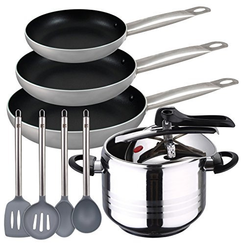 San Ignacio Duna Premium Olla Express 7 litros + Set 3 sartenes + Utensilios de Cocina, Acero Inoxidable, Cromado