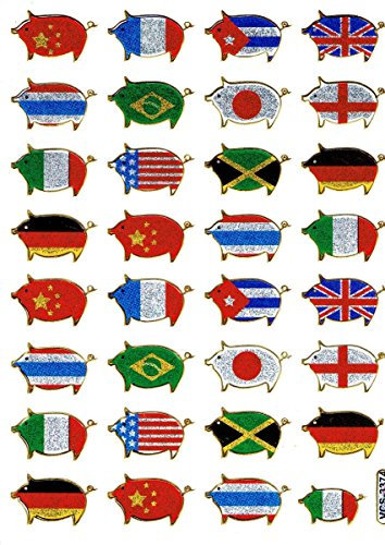 Charo Schweinchen Schwein Flaggen Tiere bunt Aufkleber 32-teilig 1 Blatt 135 mm x 100 mm Sticker Basteln Kinder Party Metallic-Look
